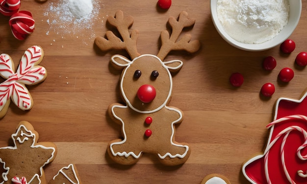 a gingerbread man is sitting on a table with other cookies