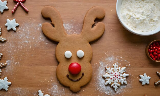 Photo a gingerbread man made with white sugar and a red nose