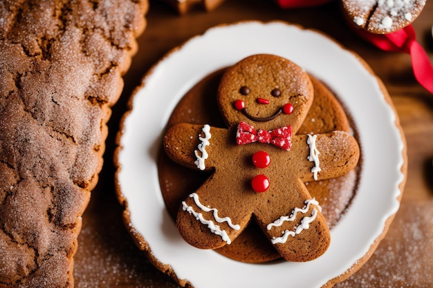 Gingerbread man on a plate with other gingerbread men on it