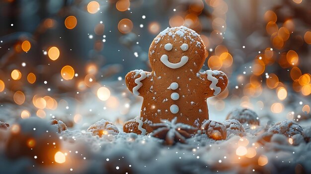 Photo gingerbread man in snowy winter wonderland illustration