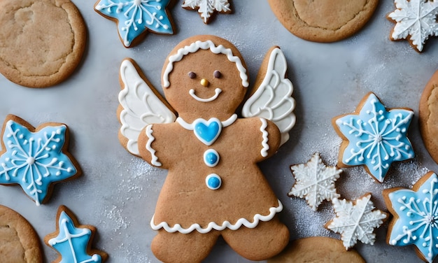 a gingerbread man with a blue heart and a blue heart shaped cookie