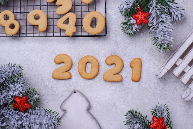 Gingerbread New Year cookies in shape of numbers 2020