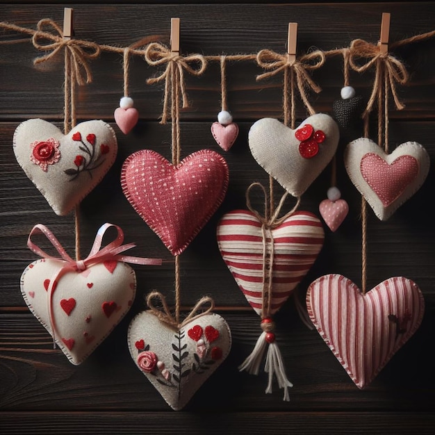 Gingham Love Valentines hearts natural cord and red clips hanging on rustic driftwood