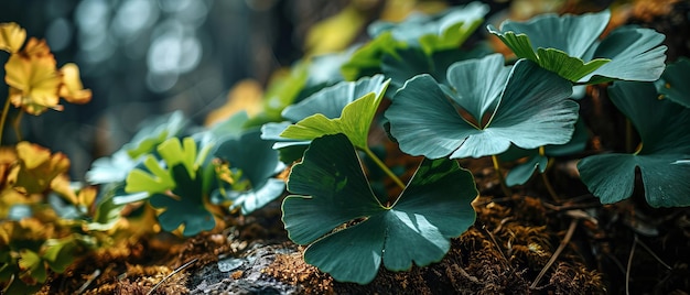 Ginkgo Biloba leaves adorned with dewdrops basking in soft dappled sunlight