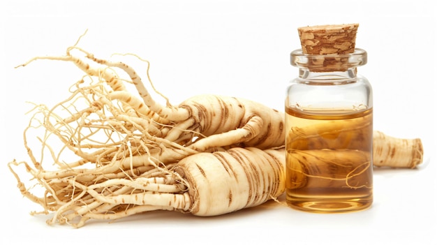 Ginseng root extract in a bottle isolated on white background