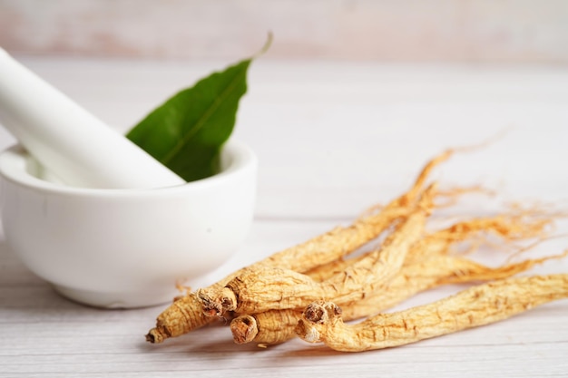 Ginseng roots and green leaf healthy food