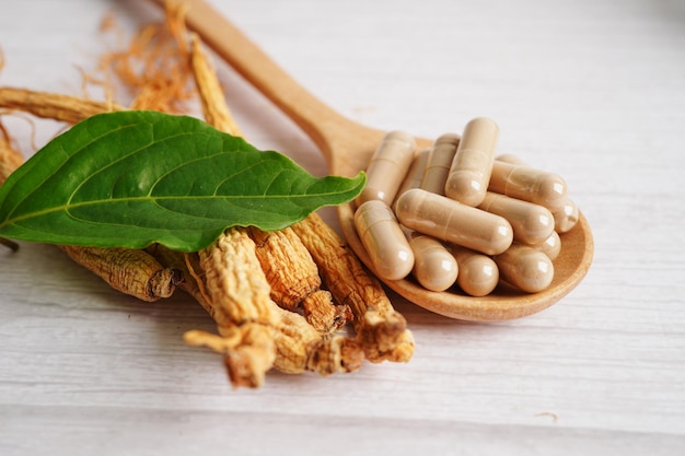 Ginseng roots and green leaf healthy food