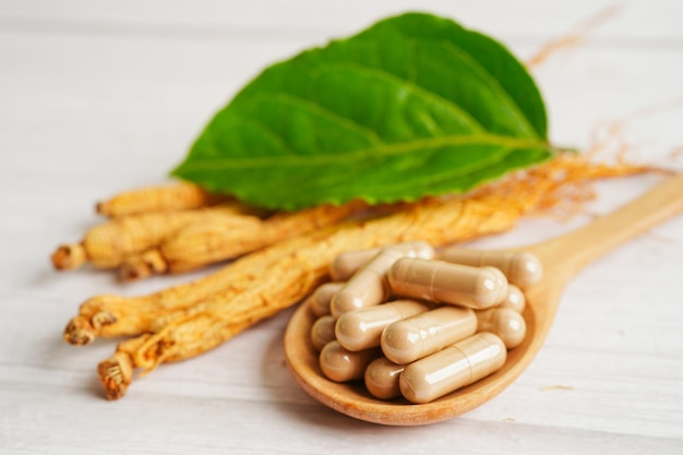 Ginseng roots and green leaf healthy food