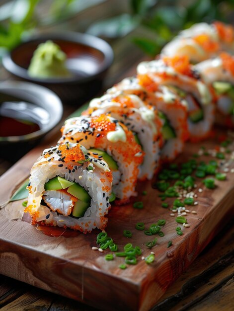 Ginza Roll crab sushi with cucumber and avocado on a wooden plate close up view