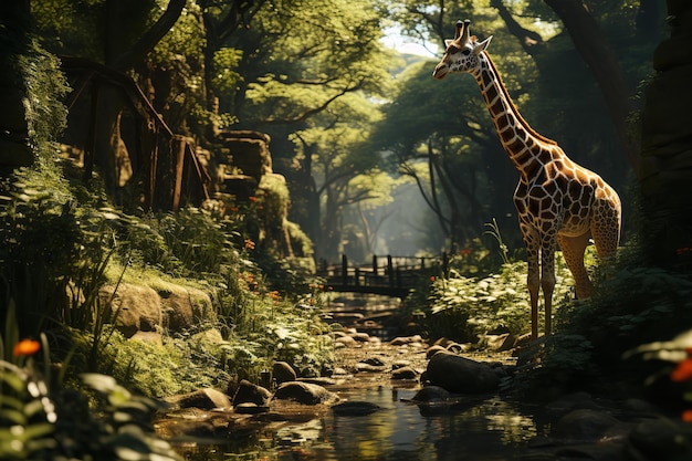 Photo a giraffe amidst lush greenery by a peaceful stream with rocks