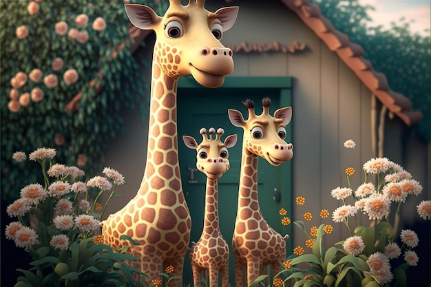 A giraffe and a baby are standing in front of a house.