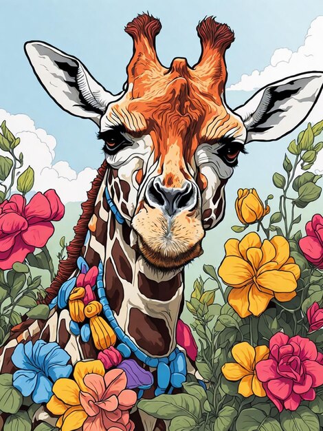 Giraffe Coloring Page Colored Illustration