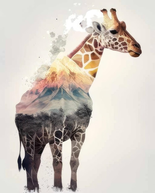 Photo giraffe double exposure of a giraffe and nature mountains trees in watercolor art