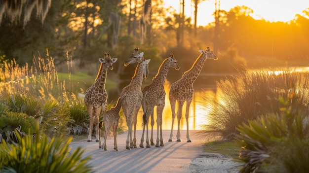 Photo giraffe family walking together in safari park