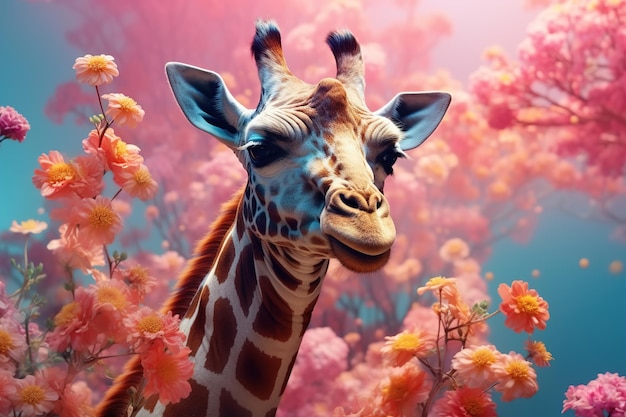 Giraffe in flowers Animal portrait in pink bouquets creative illustration