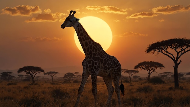 Photo giraffe in front of a sunset with a full moon in the background