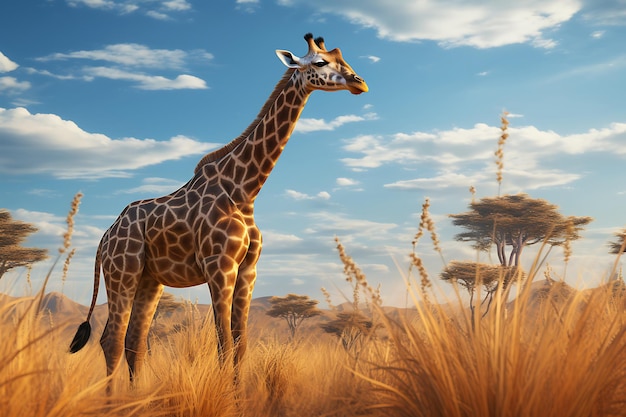 Giraffe Grazing on World Animal Day in the Savannah