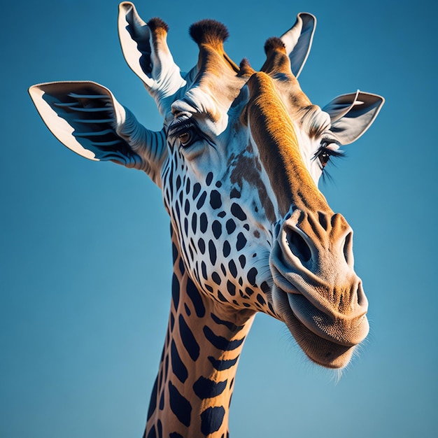 Giraffe head portrait on blue sky background Animal portrait