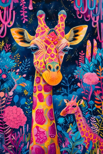 Photo a giraffe and her baby giraffe in a colorful jungle scene