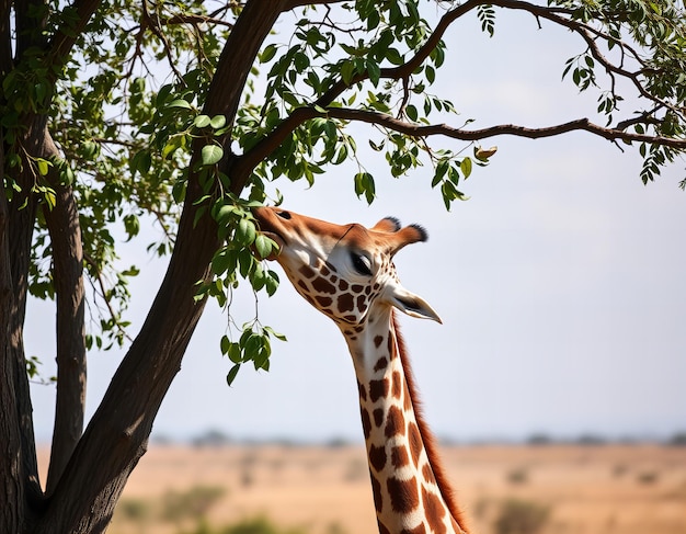 Photo a giraffe is eating leaves from a tree