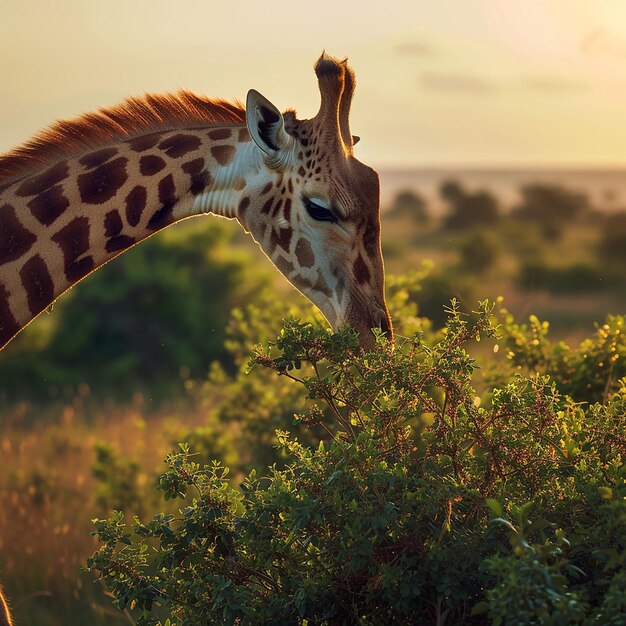 Photo a giraffe is eating some leaves from a bush