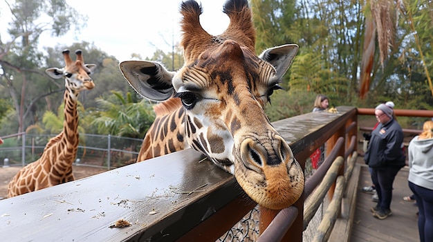 a giraffe is looking over a fence and a person is looking at the camera