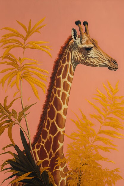 Photo a giraffe is shown in a painting with a pink background