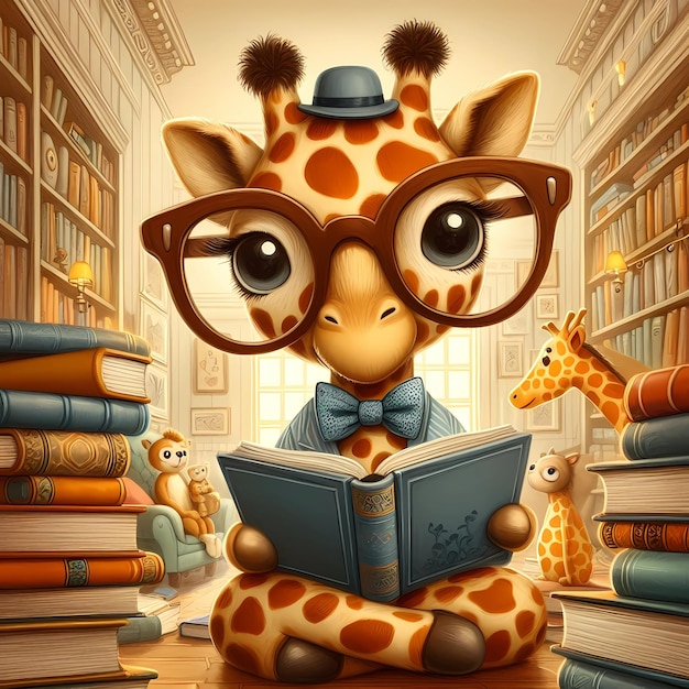 a giraffe is sitting in a library reading a book