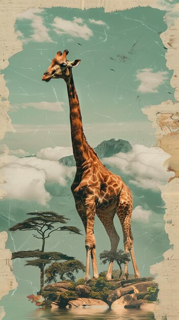 Photo a giraffe is standing in the clouds with a tree in the background