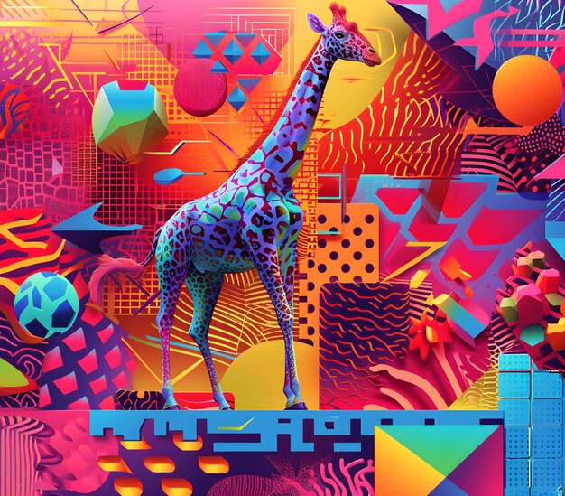 a giraffe is standing in a colorful room with a colorful background