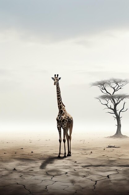 Photo a giraffe is standing in the desert with a tree in the background