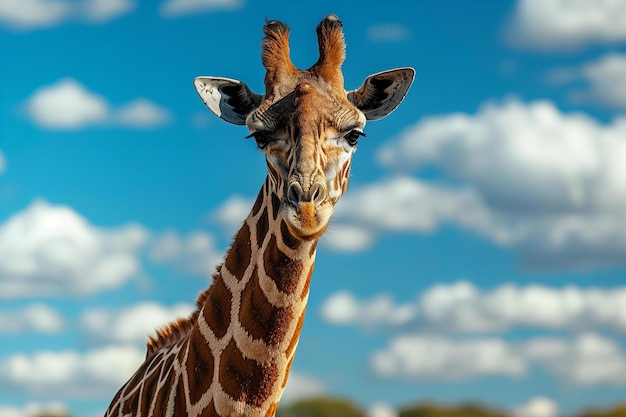 Photo a giraffe is standing in a field with clouds in the background