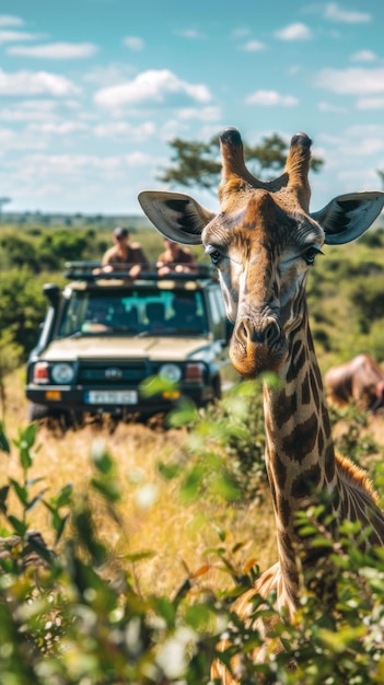 Photo a giraffe is standing in a field with a jeep behind it