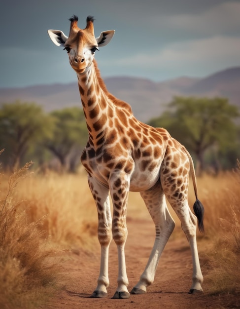 Photo a giraffe is standing in a field with a mountain in the background