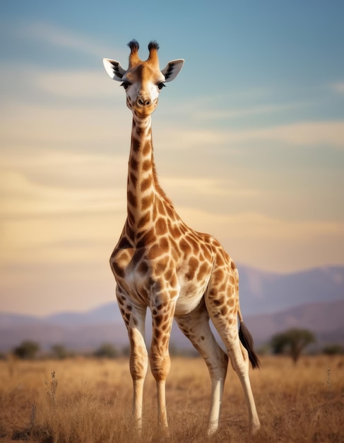 Photo a giraffe is standing in a field with mountains in the background