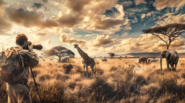 Photo a giraffe is standing in a field with a sky background