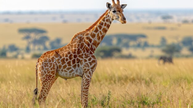 Photo a giraffe is standing in a field with a tree in the background