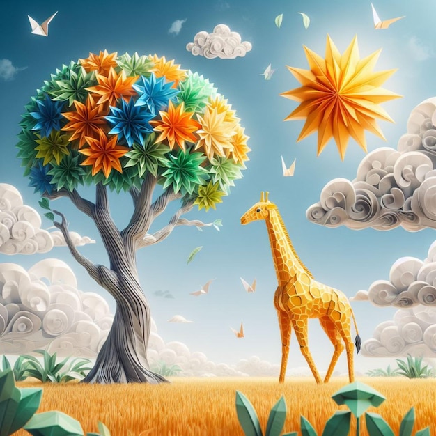 a giraffe is standing in a field with a tree and the word giraffe on it