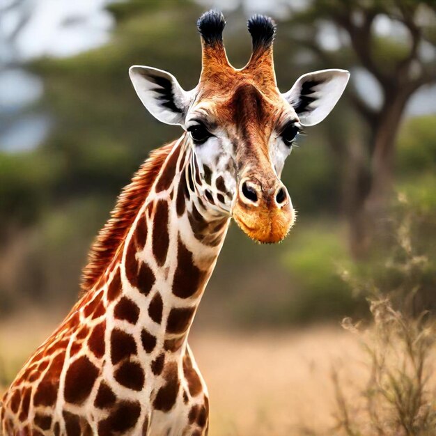 a giraffe is standing in a field with trees in the background