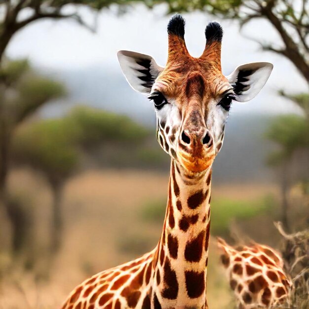 a giraffe is standing in a field with trees in the background