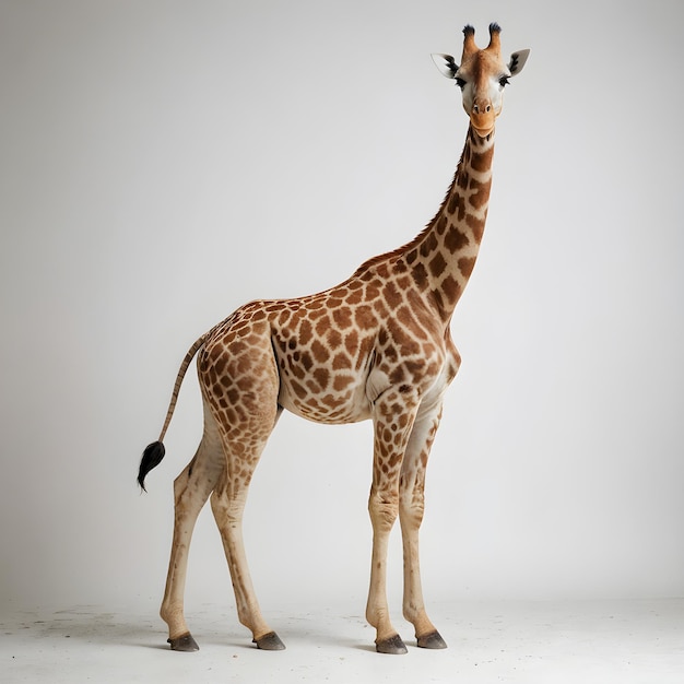 a giraffe is standing in front of a white background