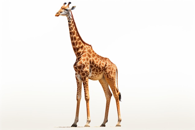 A giraffe is standing in front of a white background.