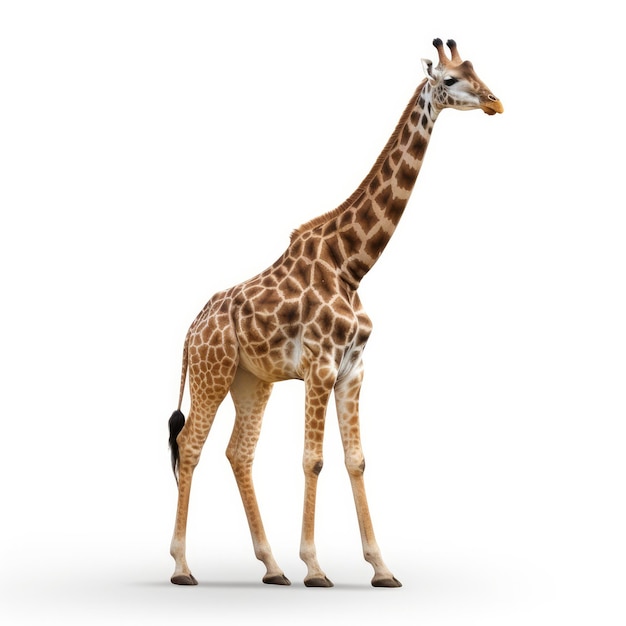 A giraffe is standing in front of a white background.