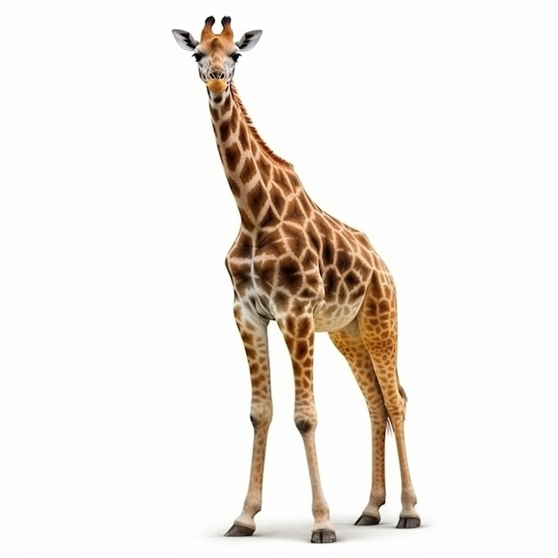 A giraffe is standing in front of a white background.