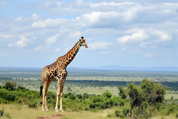 a giraffe is standing in the grass and has a sky background