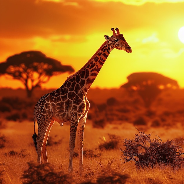 Photo a giraffe is standing in the grass with the sun behind it