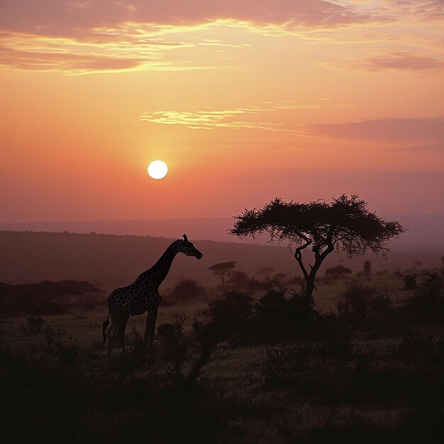 Photo a giraffe is standing in the middle of a field with a tree in the background