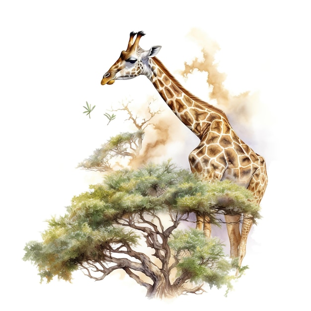 A giraffe is standing next to a tree Generative AI image