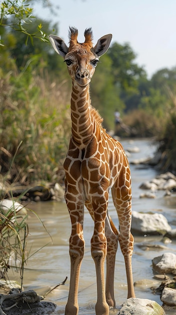 Photo a giraffe is standing in the water and looking at the camera