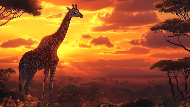 Photo a giraffe is standing in the wild with a sunset in the background